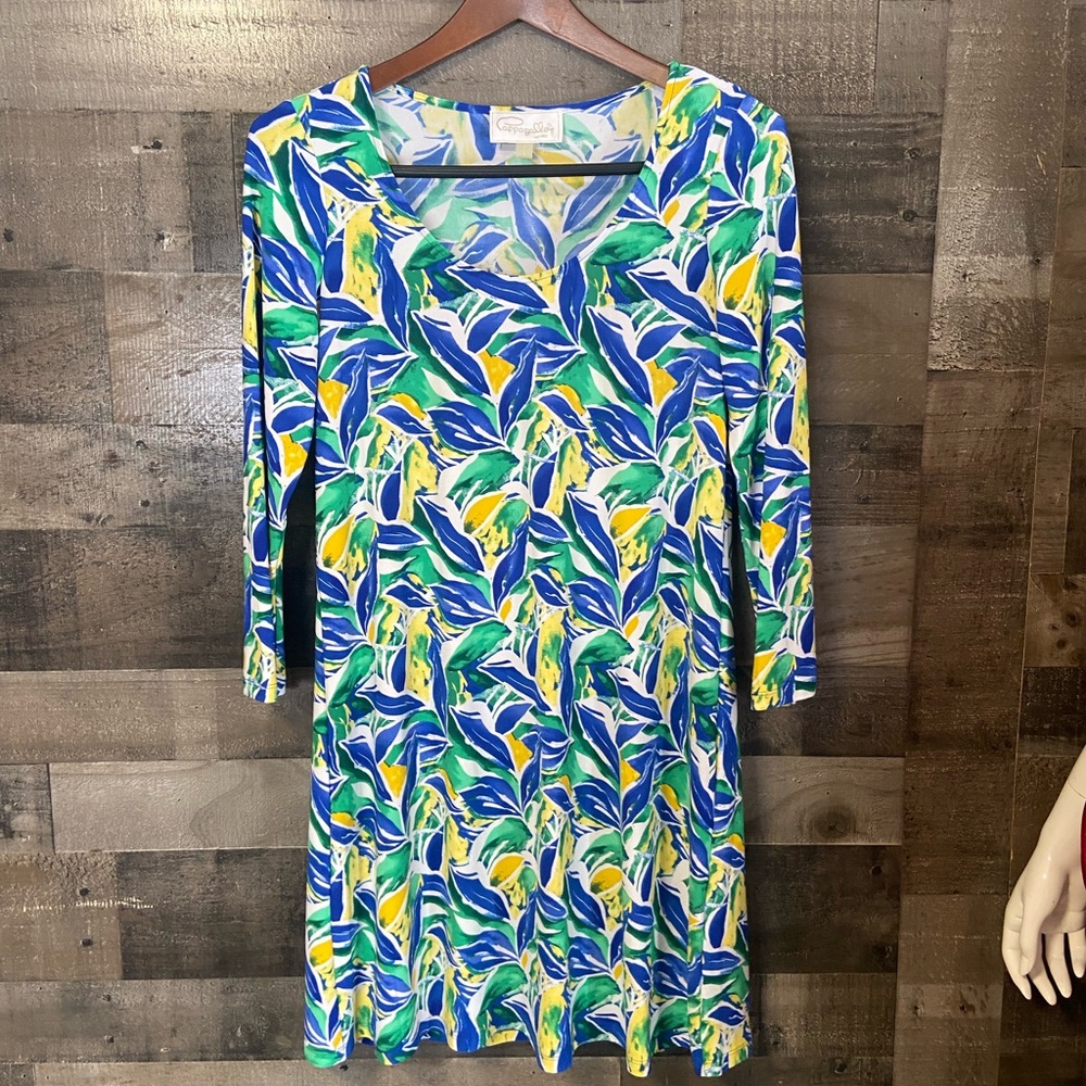 Cappagallo Blue, Green & Yellow Leaf-Print Dress Small